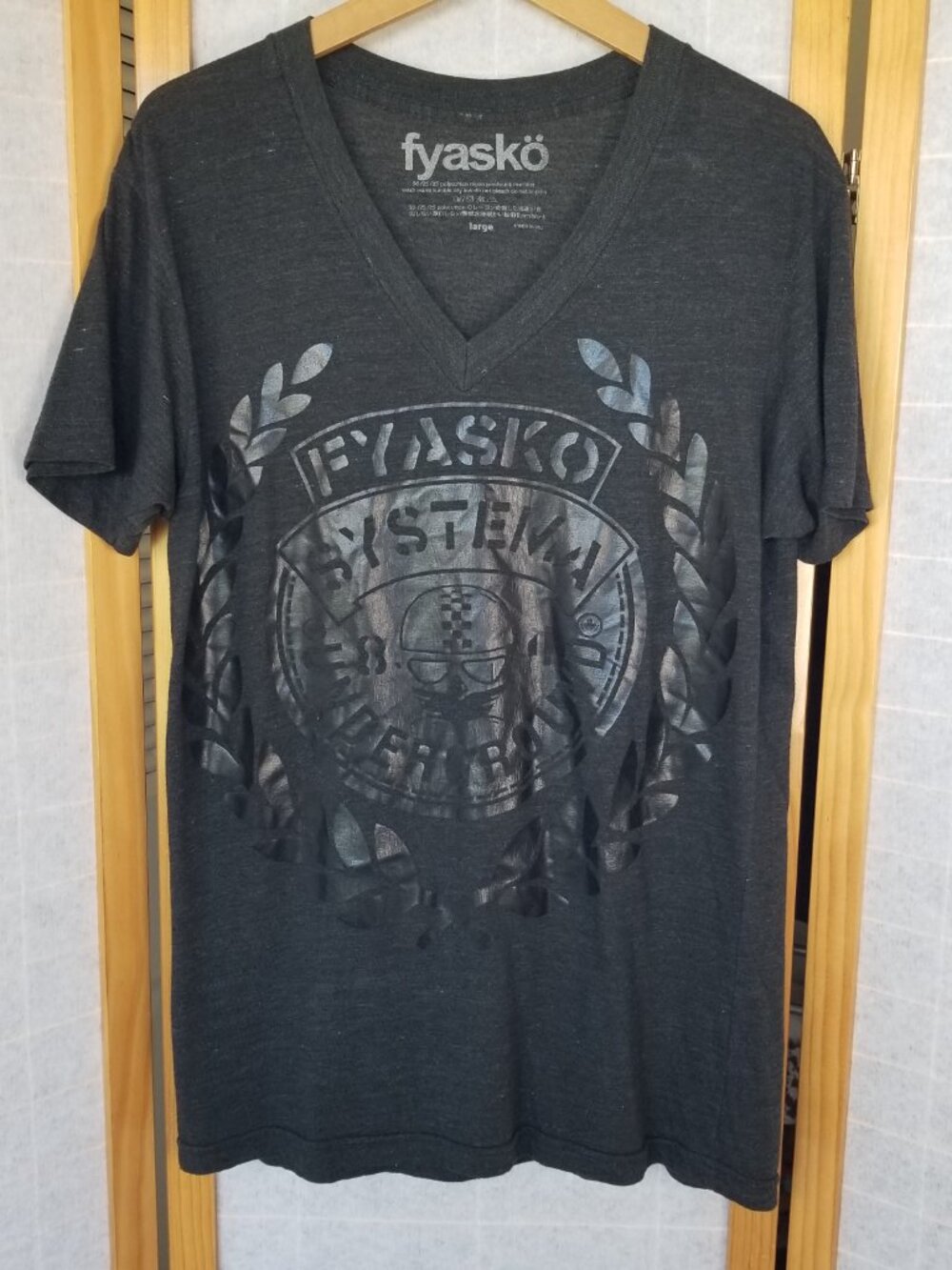 Fyasko Men's Black T-Shirt Size Large V-Neck Underground Graphic Buckle